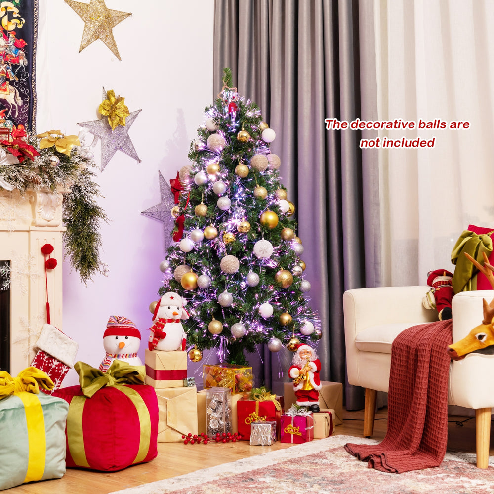 5 ft pre-lit multi-colored fiber optic spruce artificial Christmas tree with gifts, perfect for holiday decoration.