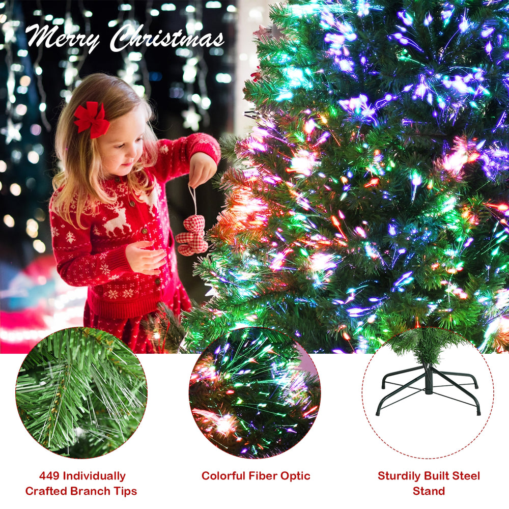 5 ft pre-lit multi-colored fiber optic spruce artificial Christmas tree with sturdy steel stand, perfect for holiday.