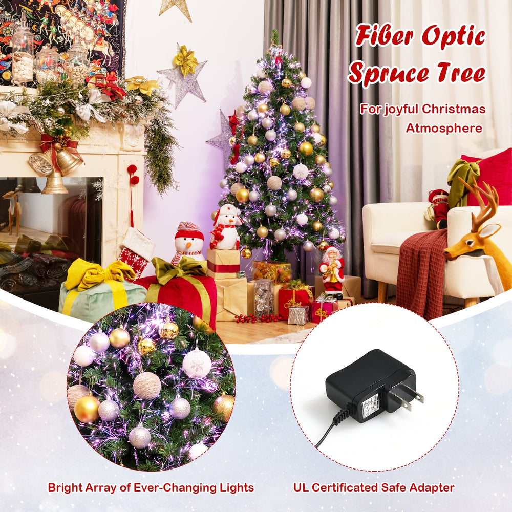 5 ft pre-lit multi-colored fiber optic spruce Christmas tree with bright lights, perfect for festive holiday decor.