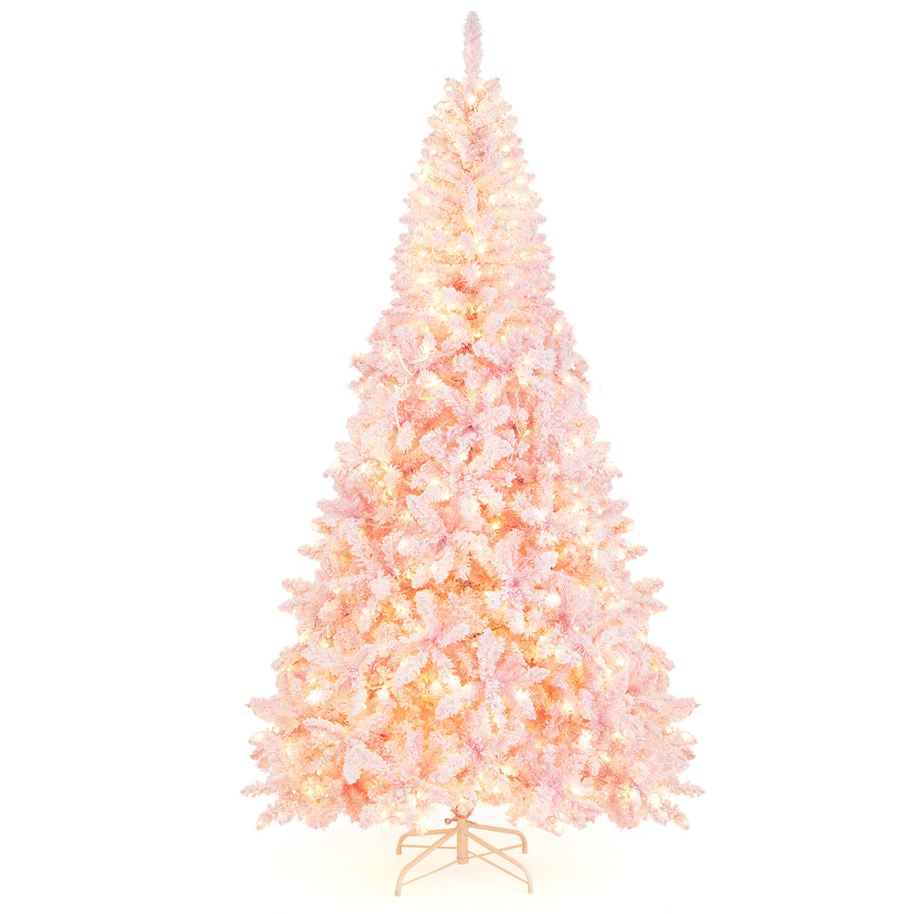 7.5 feet flocked Christmas tree with 450 warm white LED lights, perfect for festive home or office decoration.