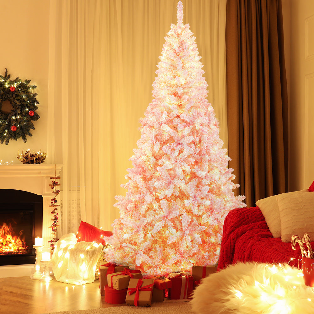 7.5 feet flocked Christmas tree with 450 warm white LED lights, perfect for festive home decor during the holiday.