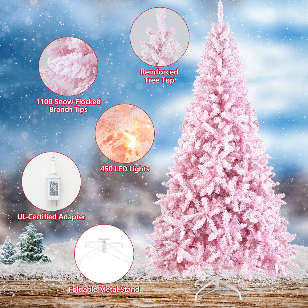 7.5 feet flocked Christmas tree with 1100 branch tips, 450 LED lights, and a foldable metal stand for easy setup.