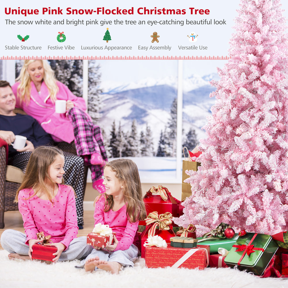 7.5-foot pink snow-flocked Christmas tree with 450 pre-lit LED lights, perfect for festive holiday decor in homes or.