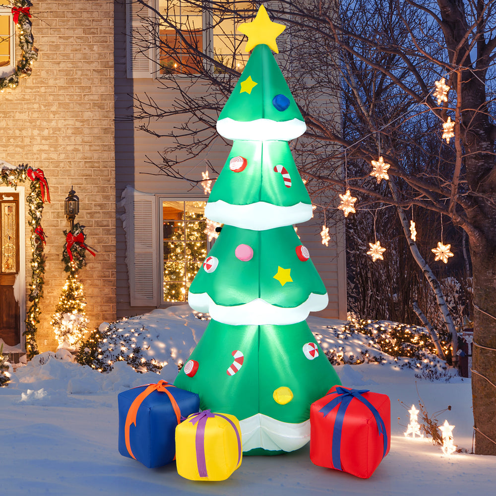 Inflatable 6-foot Christmas tree with LED lights and 3 colorful gift boxes, perfect for outdoor holiday decoration.
