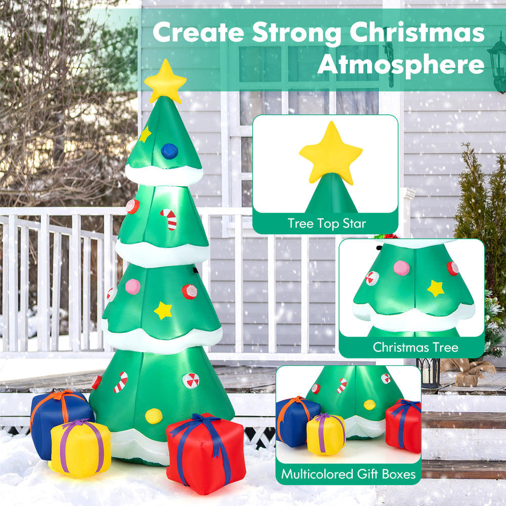 Inflatable 6-foot Christmas tree with LED lights and 3 colorful gift boxes for festive indoor and outdoor decoration.