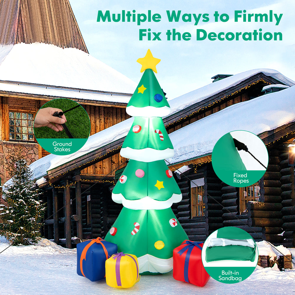 6 feet tall inflatable Christmas tree with 3 gift boxes, featuring LED lights and built-in sandbag for outdoor.