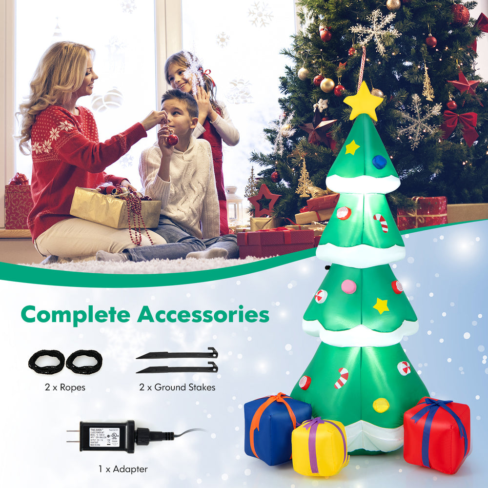6 feet tall inflatable Christmas tree with 3 gift boxes, LED lights, and accessories for indoor and outdoor decoration.