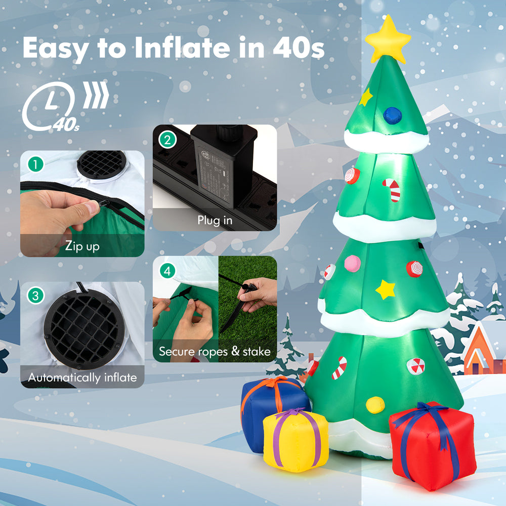 6 feet tall inflatable Christmas tree with 3 gift boxes, LED lights, and waterproof fabric for indoor and outdoor.