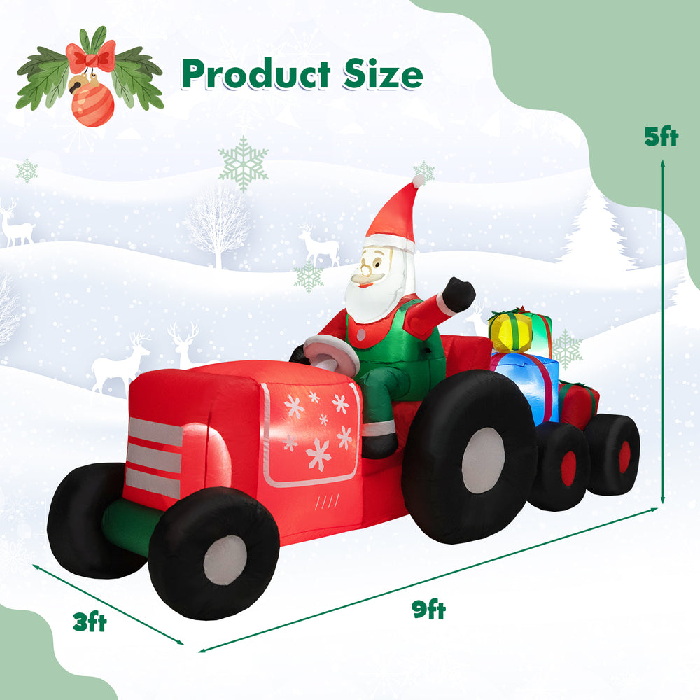 Santa Claus inflatable decoration on a tractor with gifts, 9 feet long, bright LED lights for festive outdoor display.