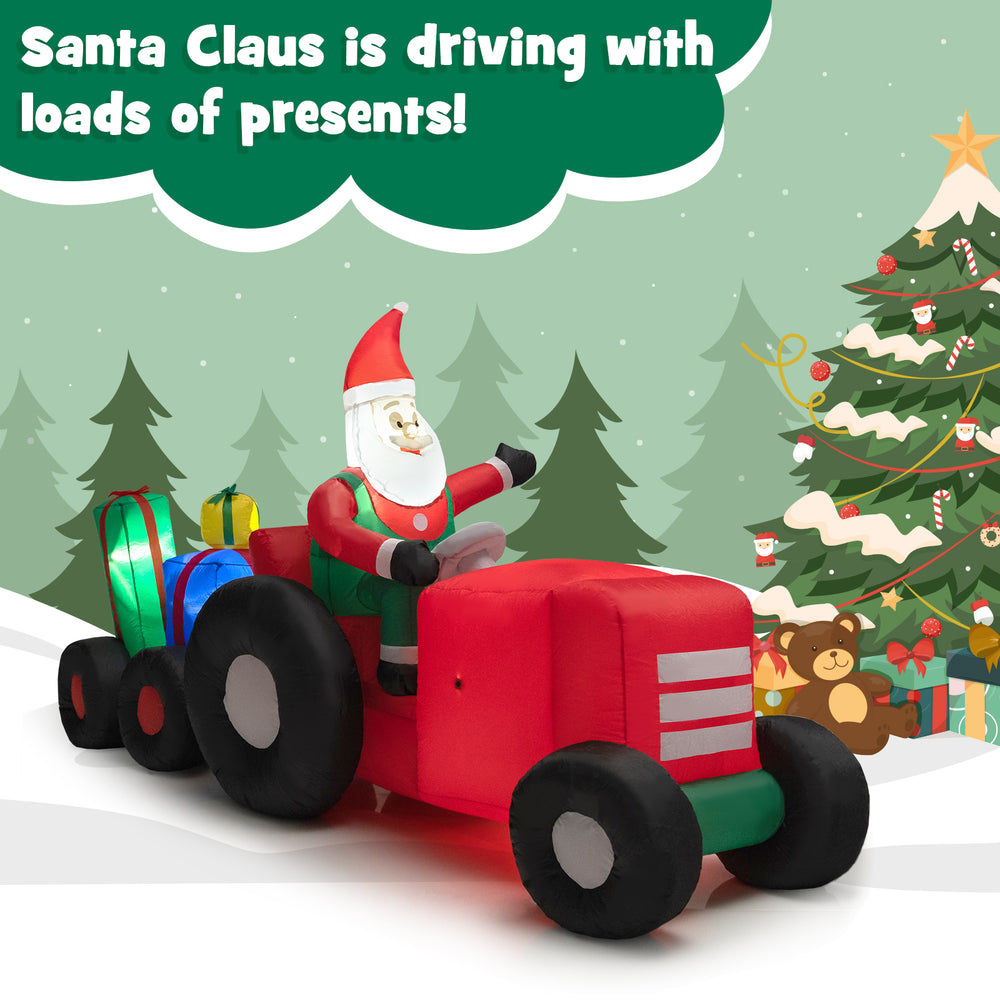 Santa Claus in a tractor with gifts, 9 feet long, bright LED lights, perfect for festive outdoor holiday decoration.