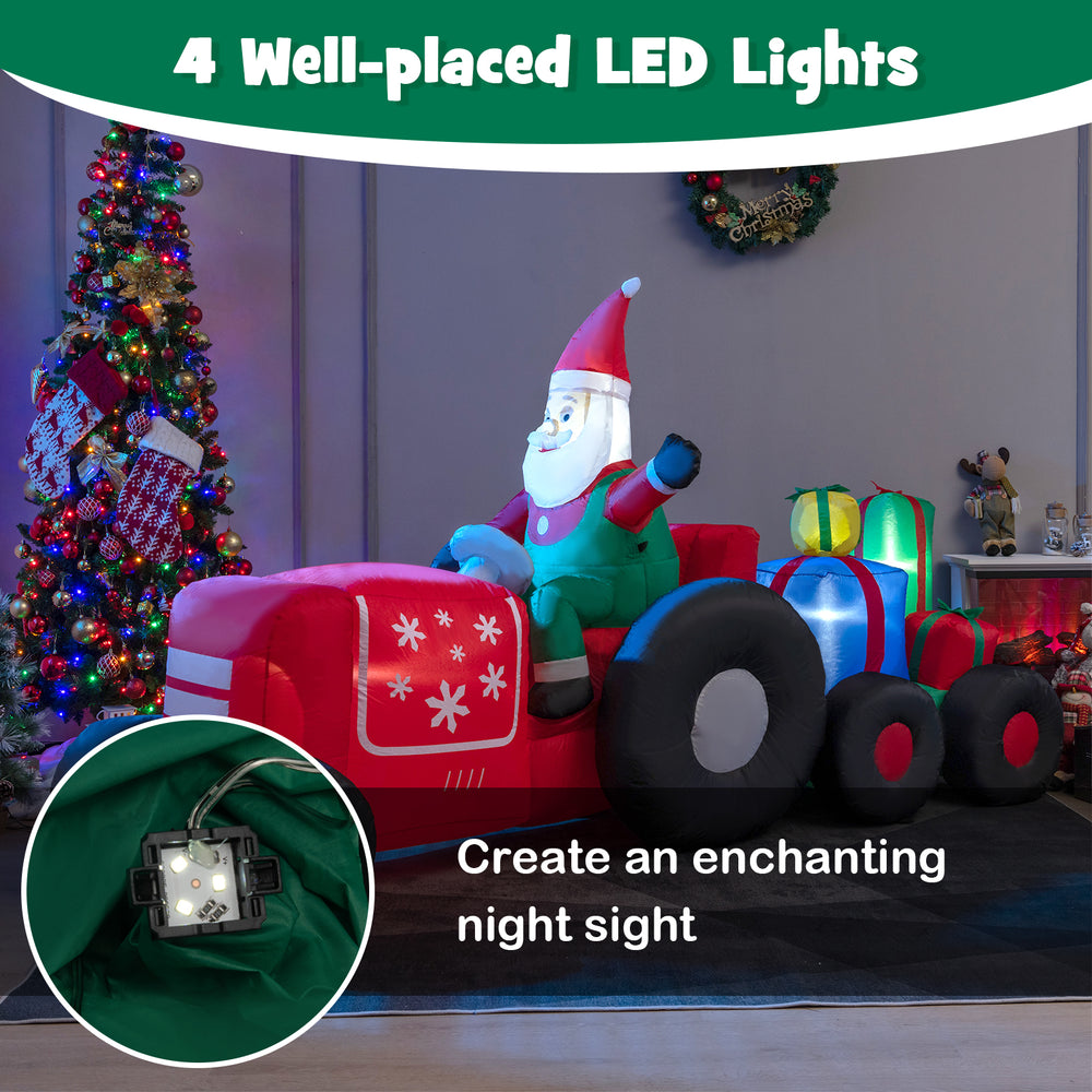 Santa Claus inflatable decoration with gifts, 9 feet long, featuring bright LED lights for festive outdoor displays.