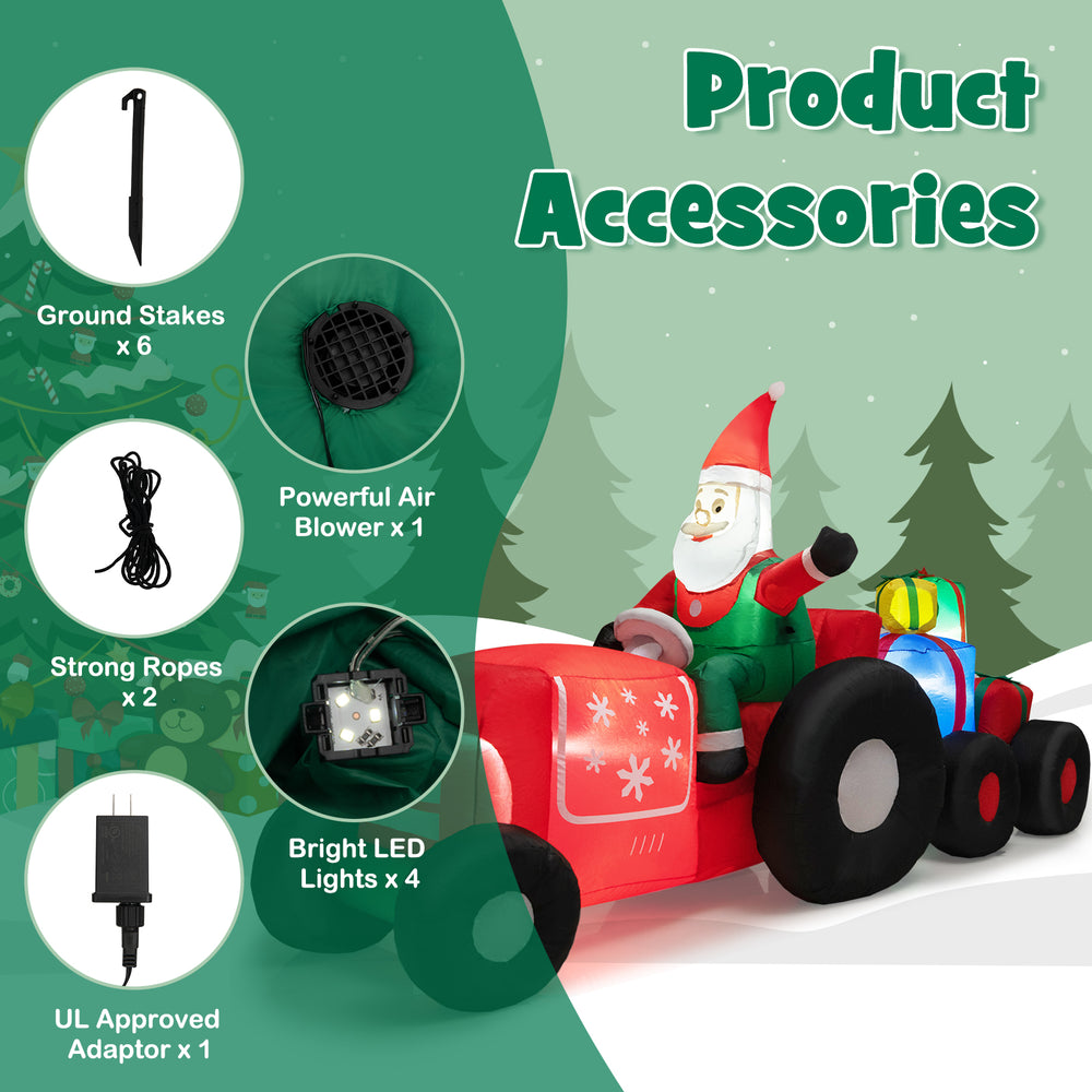 9-foot Christmas inflatable featuring Santa on a tractor with gifts, equipped with LED lights and ground stakes for.