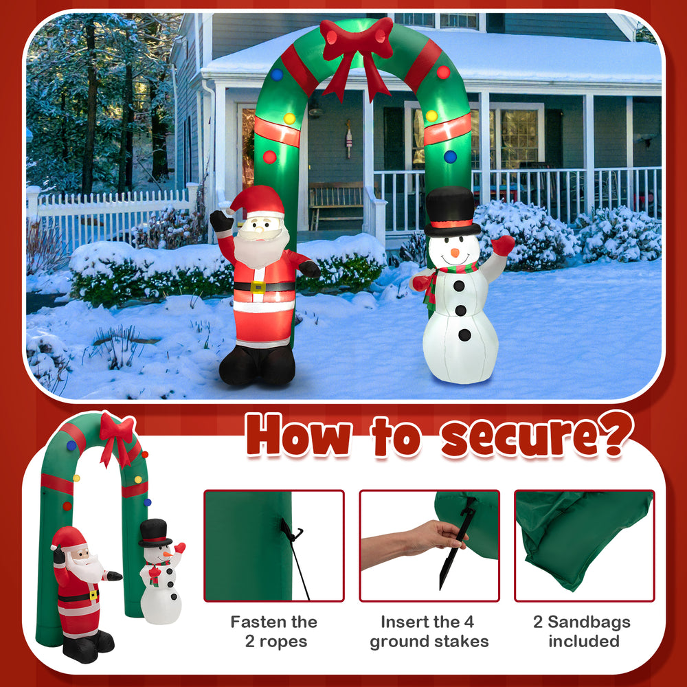 8-foot Christmas inflatable archway featuring Santa Claus and a snowman, perfect for outdoor holiday decorations.