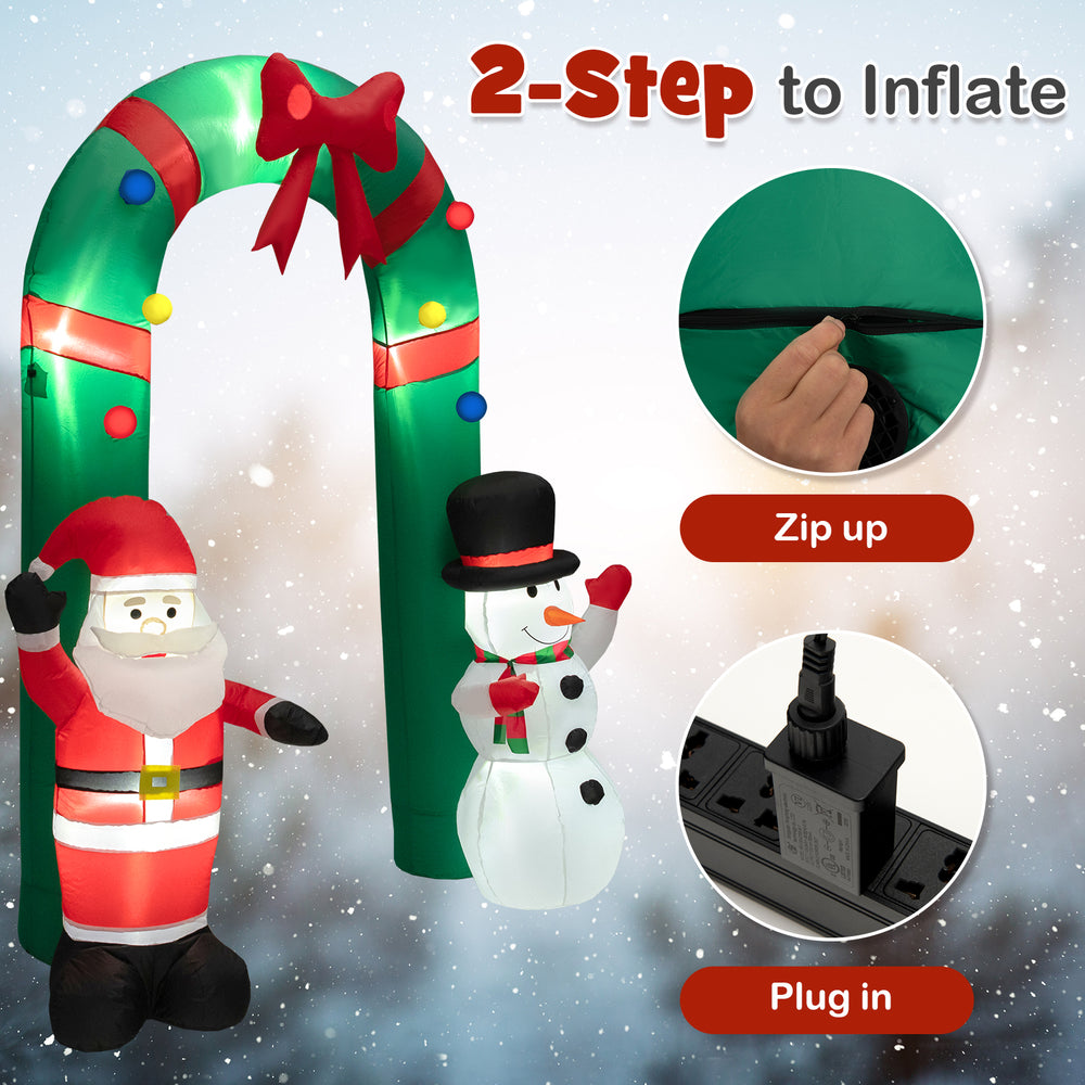 Inflatable 8 feet Christmas archway featuring Santa Claus and snowman, with LED lights for festive outdoor decoration.