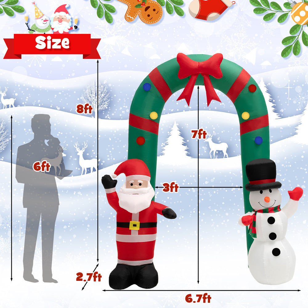 Inflatable 8ft Christmas archway featuring Santa Claus and snowman, with LED lights for festive outdoor decoration.