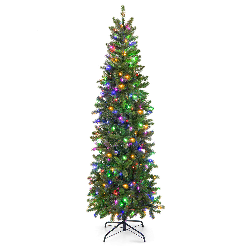 6-foot pre-lit artificial Christmas pencil tree with 648 branch tips and 270 colorful LED lights for festive decor.