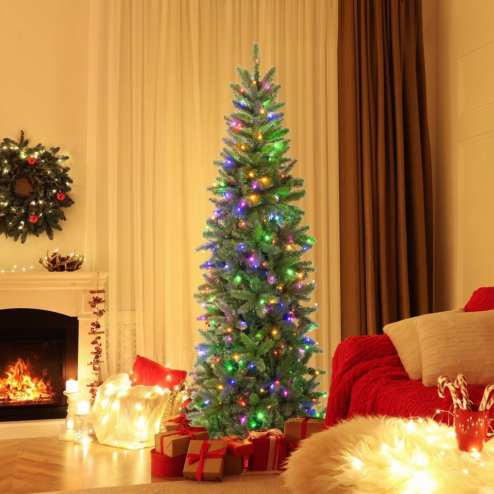 6 feet pre-lit artificial Christmas pencil tree with 648 branch tips and colorful lights, perfect for small spaces.