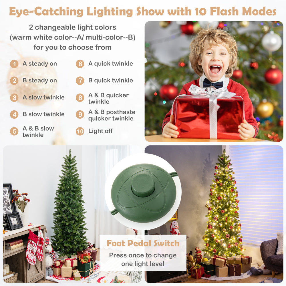6 feet pre-lit artificial Christmas pencil tree with 648 branch tips, featuring 10 lighting modes and a foot pedal.