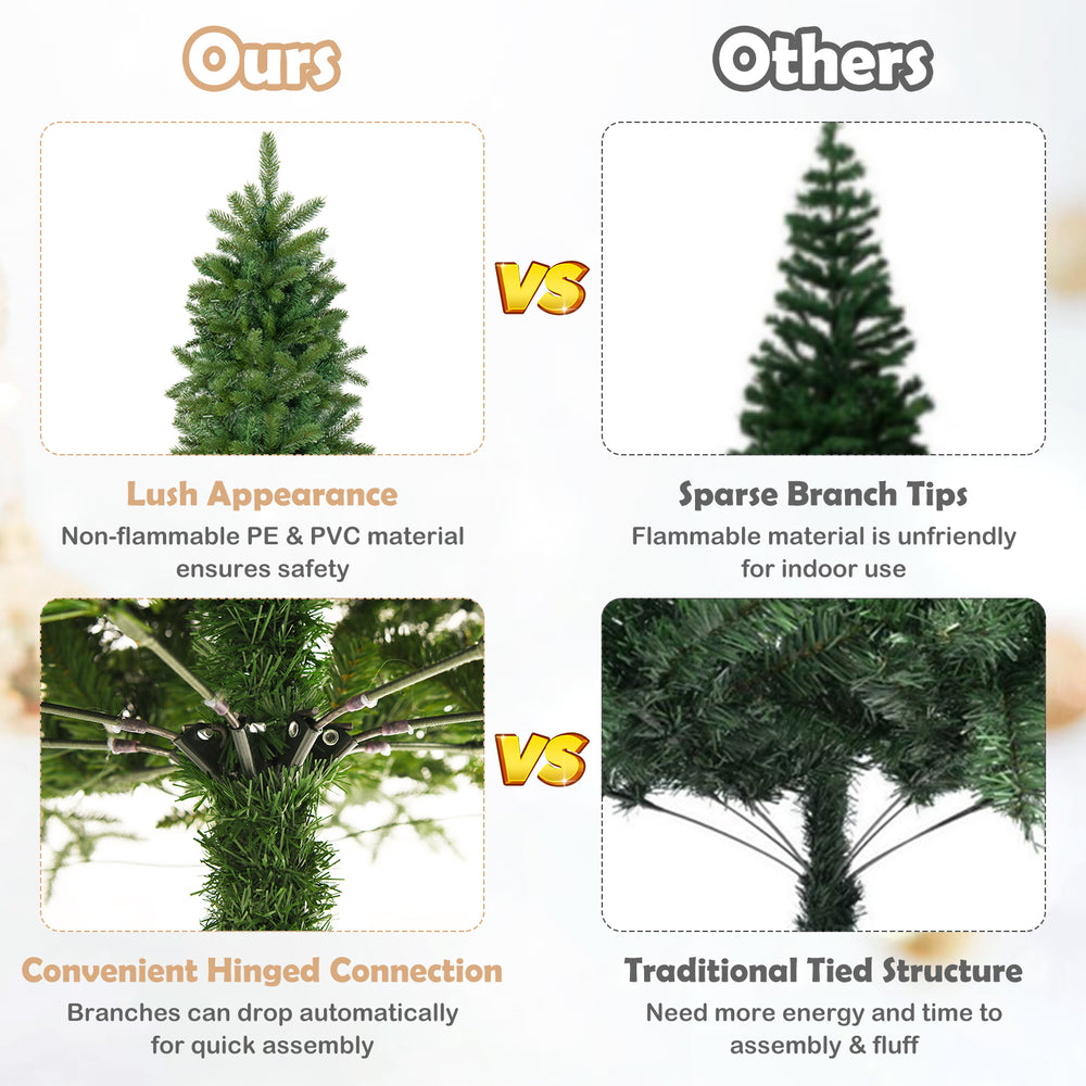 6 feet pre-lit artificial Christmas pencil tree with 648 PVC and PE branch tips, featuring a convenient hinged.