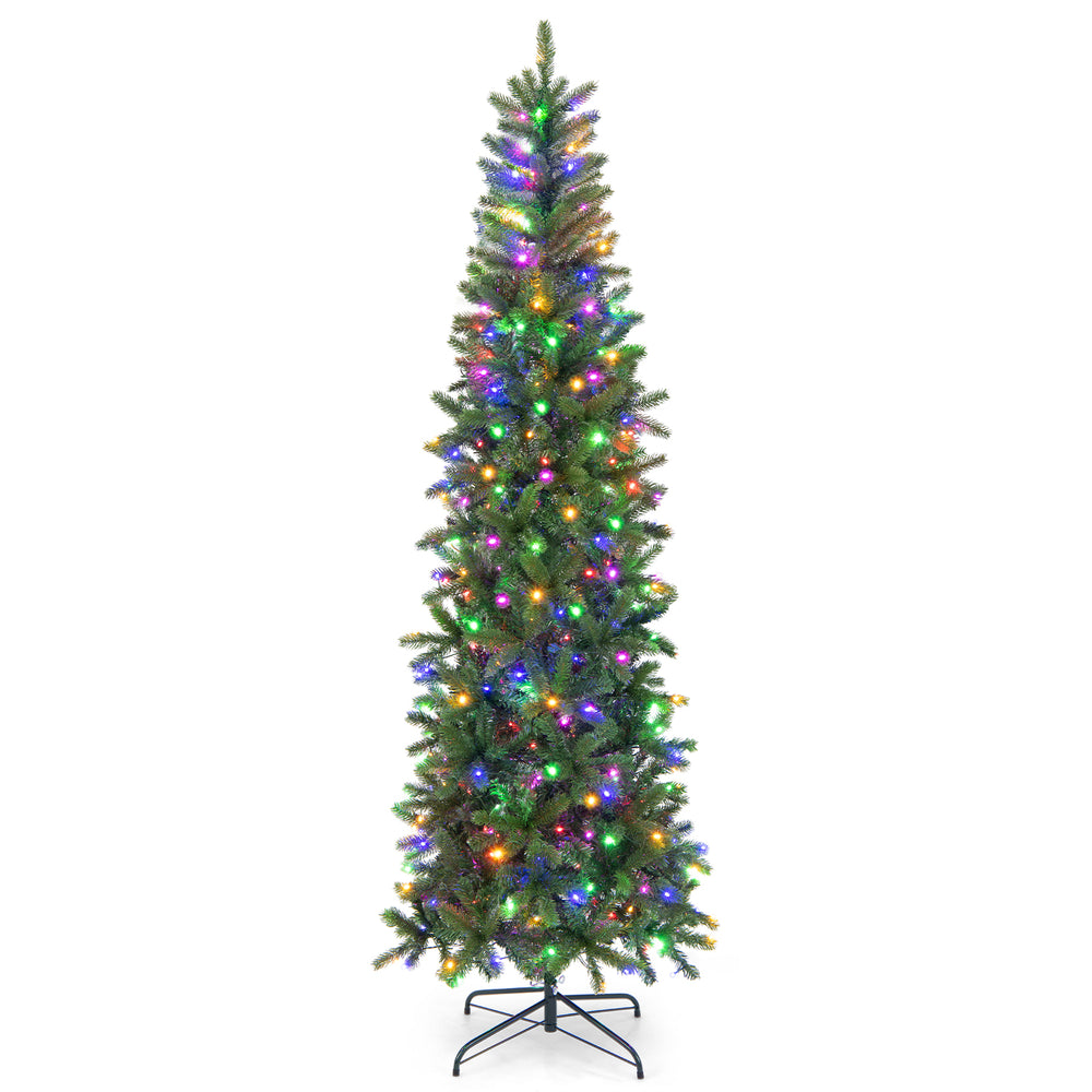 7.5 feet pre-lit slim artificial Christmas tree with warm white and multi-color LED lights, perfect for limited spaces.