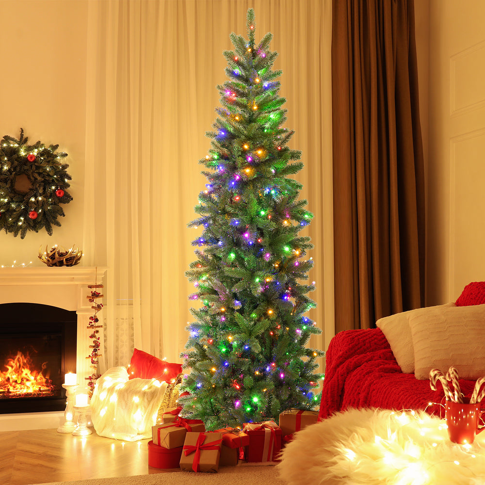 7.5 feet pre-lit artificial Christmas tree with warm white and multi-color LED lights, perfect for festive home.