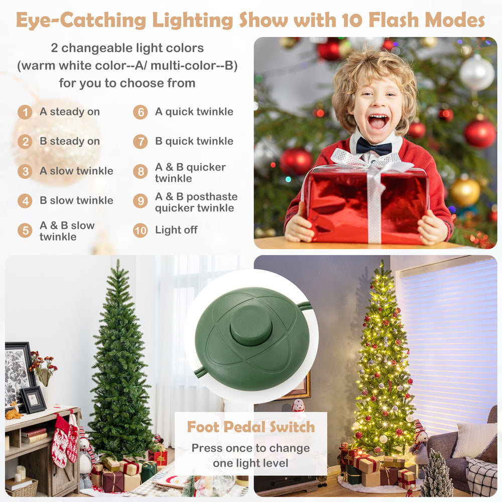 7.5 feet pre-lit artificial Christmas tree with warm white and multi-color LED lights, featuring a foot pedal switch.