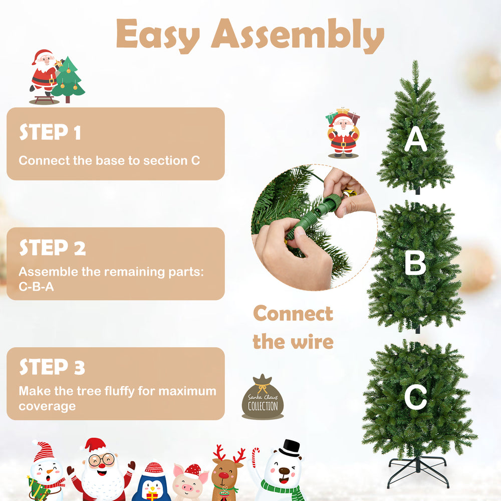7.5 feet pre-lit artificial Christmas tree with warm white and multi-color LED lights, featuring a slim pencil design.