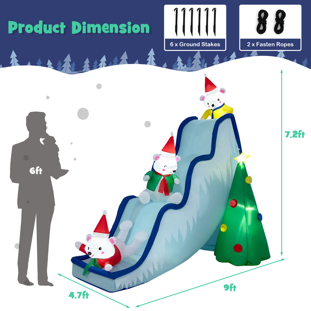 Dimensions of the inflatable 9 feet polar bear slide decoration, perfect for festive outdoor displays with LED lights.