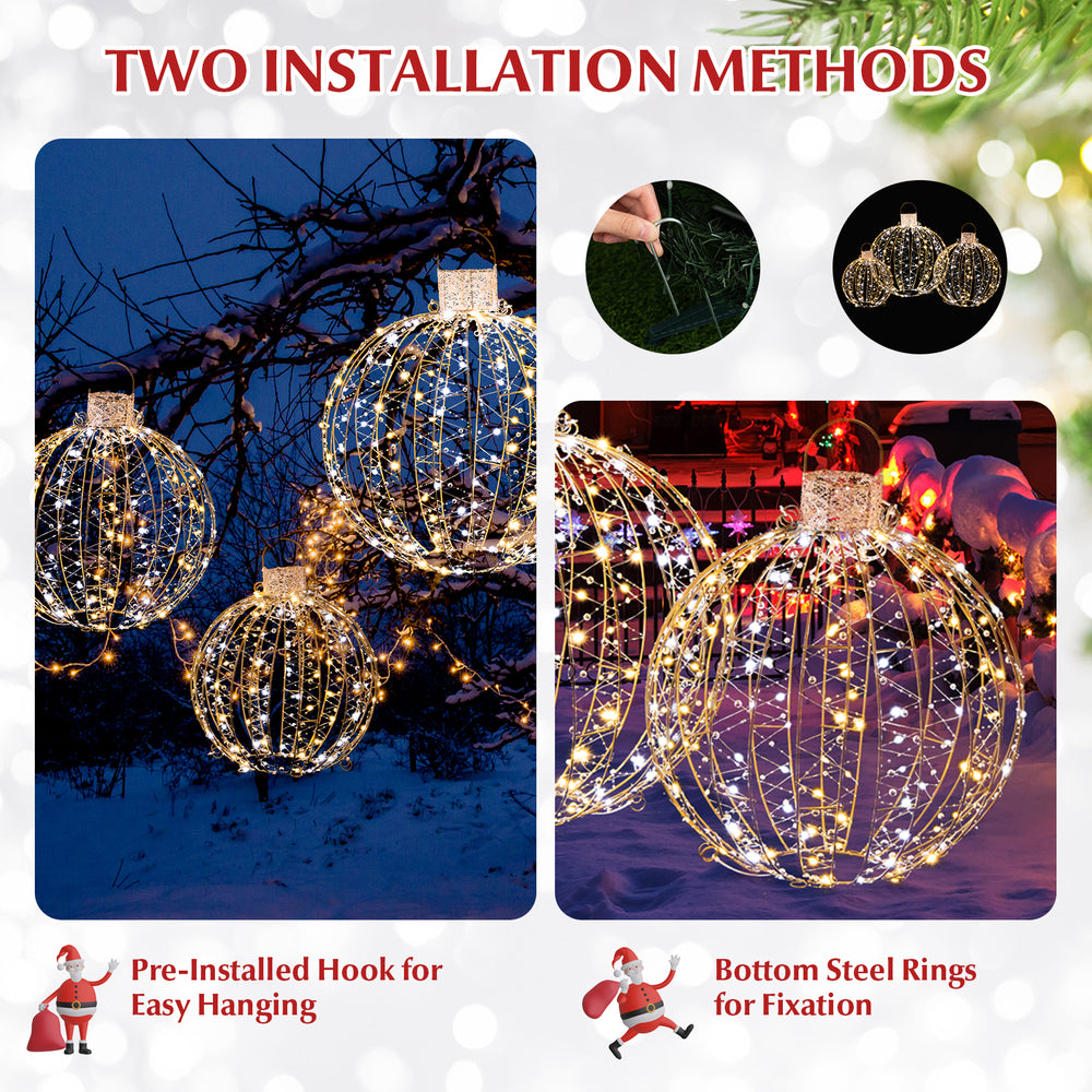Three sizes of golden Christmas LED light balls with built-in handles for easy hanging and ground stakes for stability.