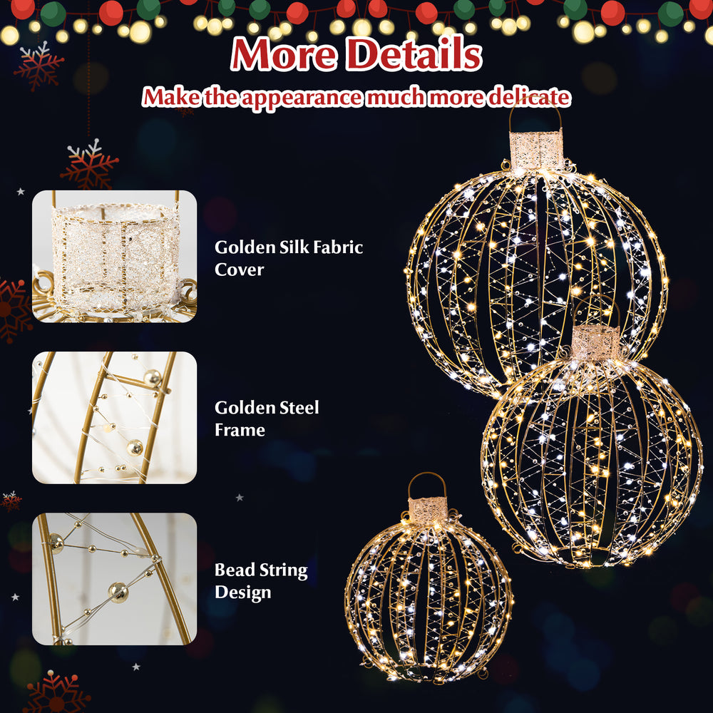 Golden Christmas LED light balls with bead string design, featuring 180 warm and white lights for festive decoration.