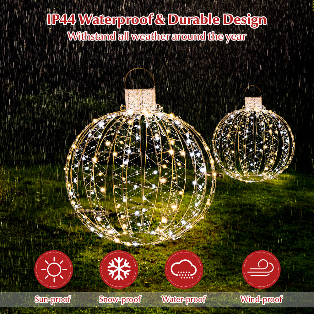 Golden Christmas LED light balls with 180 warm and white lights, IP44 waterproof, ideal for festive outdoor decoration.