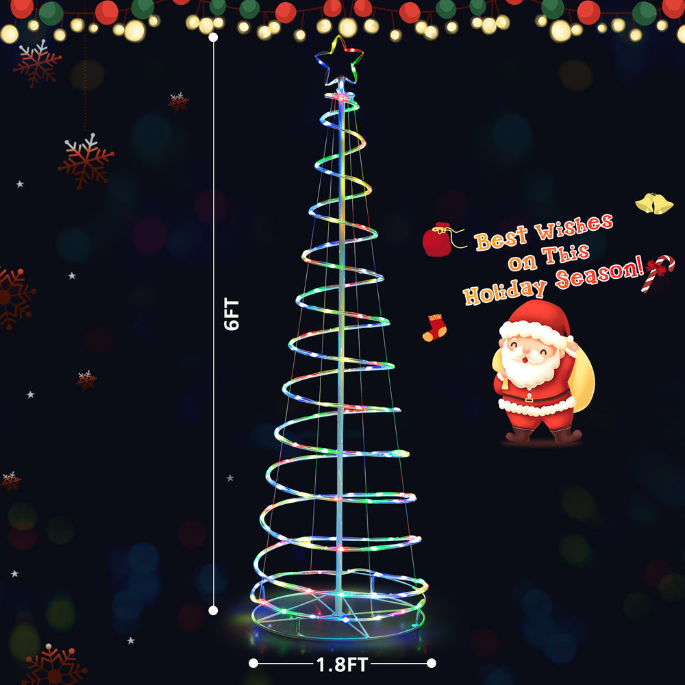 6 feet light up spiral Christmas tree with metal frame, featuring a top star and festive colorful lights for outdoor.