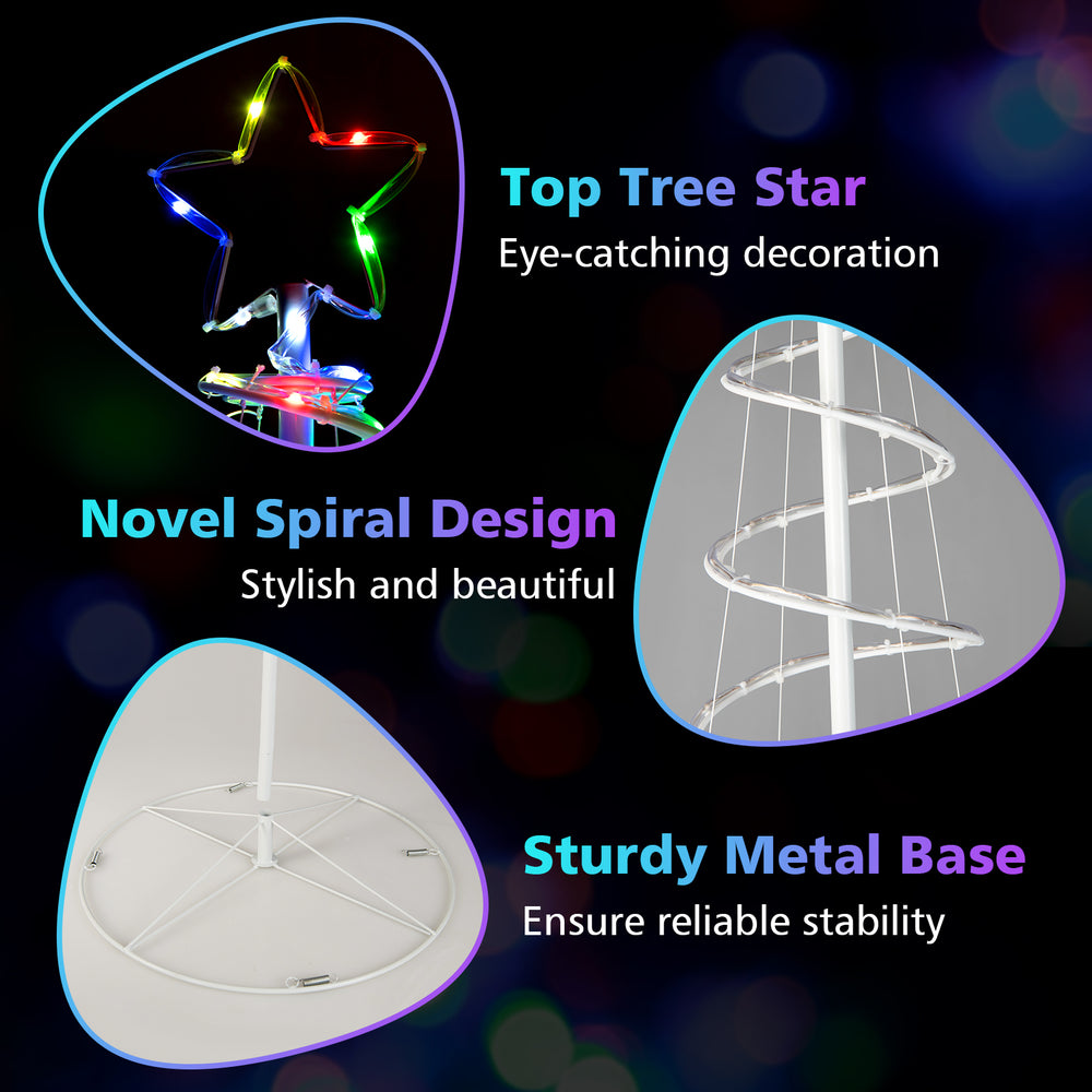 6 feet light up spiral Christmas tree with a bright star top, featuring a sturdy metal base and colorful light.