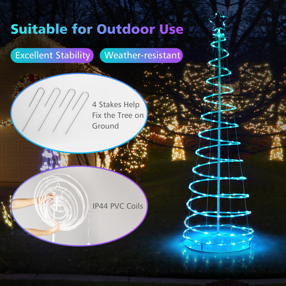 6-foot light-up spiral Christmas tree with a bright star, featuring IP44 waterproof design and 4 ground stakes for.
