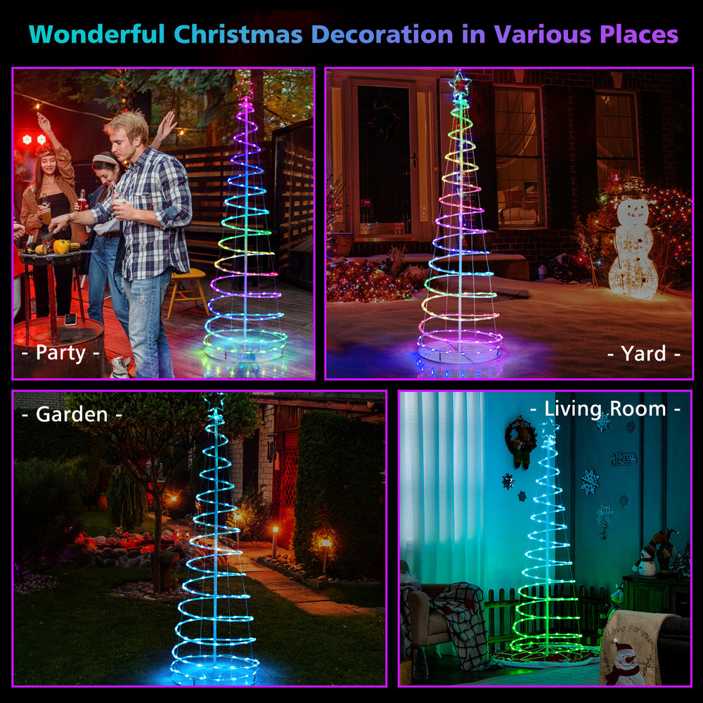 6 feet light up spiral Christmas tree with colorful lights and star, perfect for festive outdoor decoration.