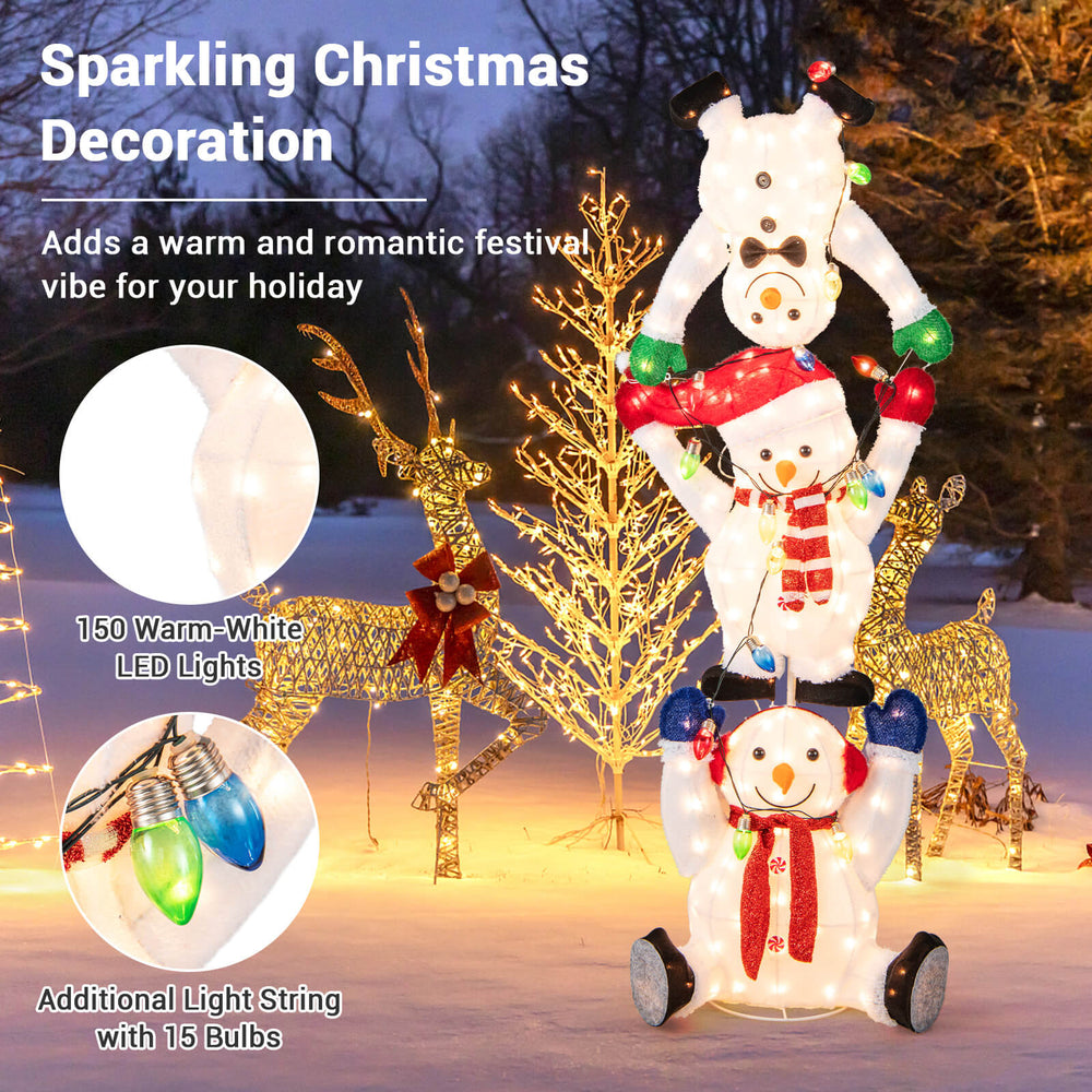 Lighted stacked snowmen Christmas decoration with 150 warm-white LED lights, perfect for indoor or outdoor holiday.