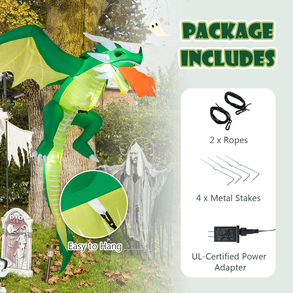 5 feet hanging Halloween inflatable dragon with waterproof blower, includes ropes and stakes for easy outdoor setup.