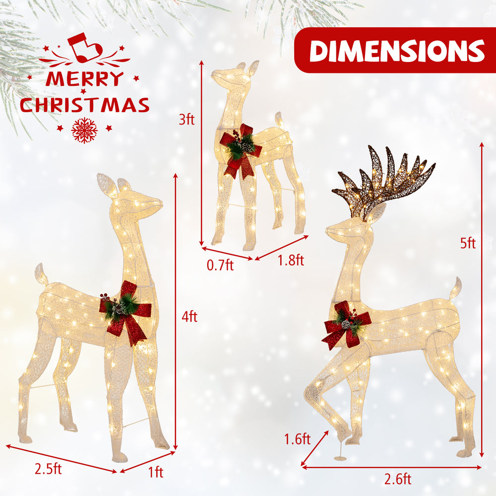 Three pre-lit Christmas reindeer family with 230 warm white LED lights, showcasing dimensions for festive indoor and.