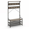 Gray coat rack hall tree with 11 hooks, shoe bench, and top shelf, designed for convenient entryway storage and.