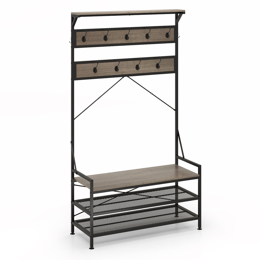 Gray coat rack hall tree with 11 hooks, shoe bench, and top shelf, designed for convenient entryway storage and.