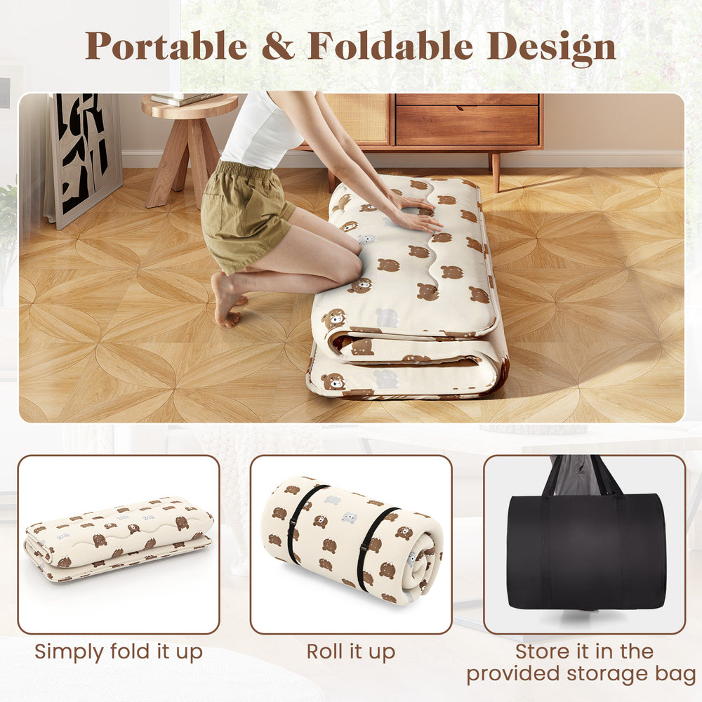 Foldable futon mattress with washable cover, rolled up for easy storage, ideal for camping and home use.