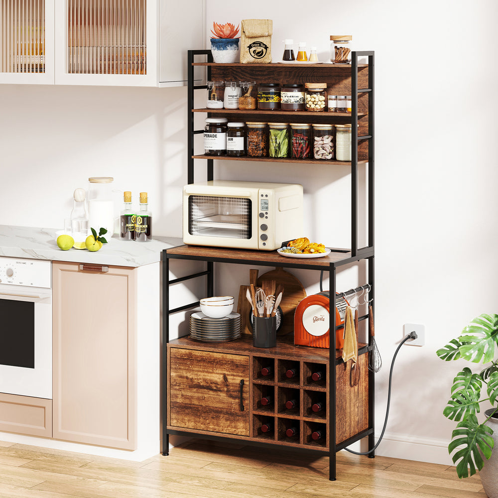 Coffee bar cabinet in rustic brown with wine bottle holders and S-shaped hooks, ideal for kitchen storage and.