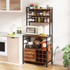 Coffee bar cabinet in rustic brown with wine bottle holders and S-shaped hooks, ideal for kitchen storage and.