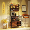 Rustic brown coffee bar cabinet featuring wine bottle holders, S-shaped hooks, and a sturdy metal frame for stylish.
