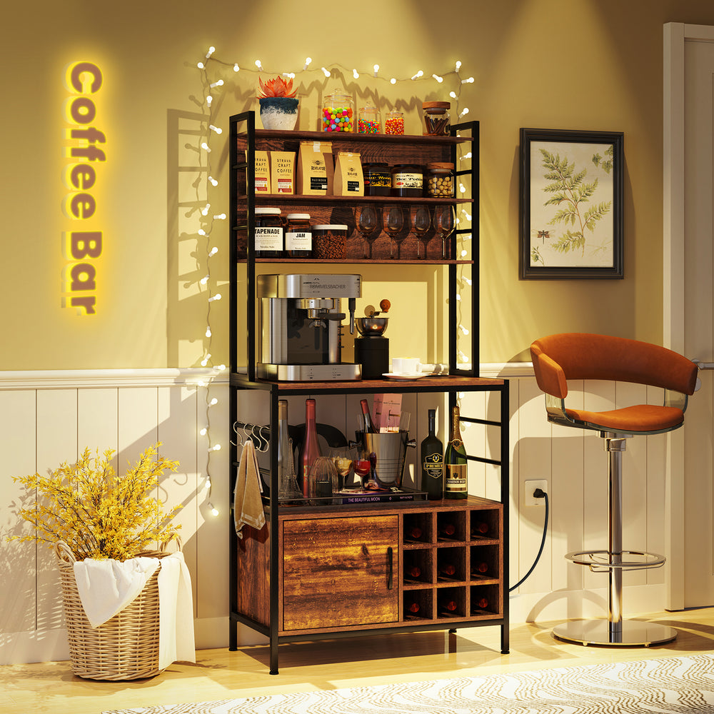 Rustic brown coffee bar cabinet featuring wine bottle holders, S-shaped hooks, and a sturdy metal frame for stylish.