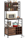 Coffee bar cabinet in rustic brown with wine bottle holders, S-shaped hooks, and a sturdy metal frame for kitchen.