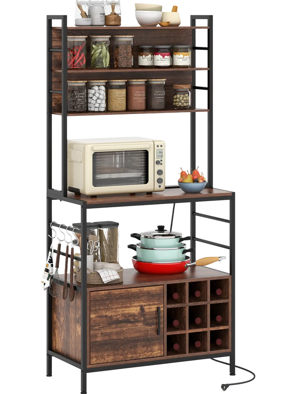 Coffee bar cabinet in rustic brown with wine bottle holders, S-shaped hooks, and a sturdy metal frame for kitchen.
