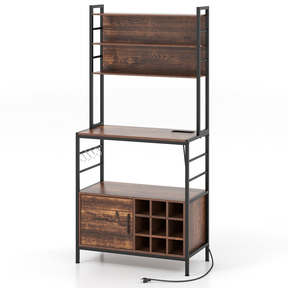 Rustic brown coffee bar cabinet with wine bottle holders, S-shaped hooks, and sturdy metal frame for stylish storage.