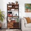 Rustic brown coffee bar cabinet showcasing a lower storage area with wine bottle holders and decor for stylish.