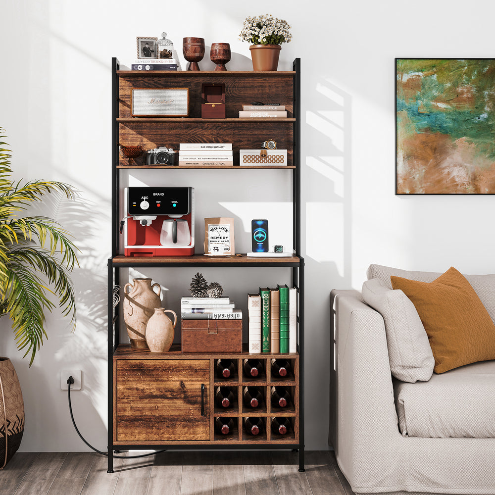 Rustic brown coffee bar cabinet showcasing a lower storage area with wine bottle holders and decor for stylish.